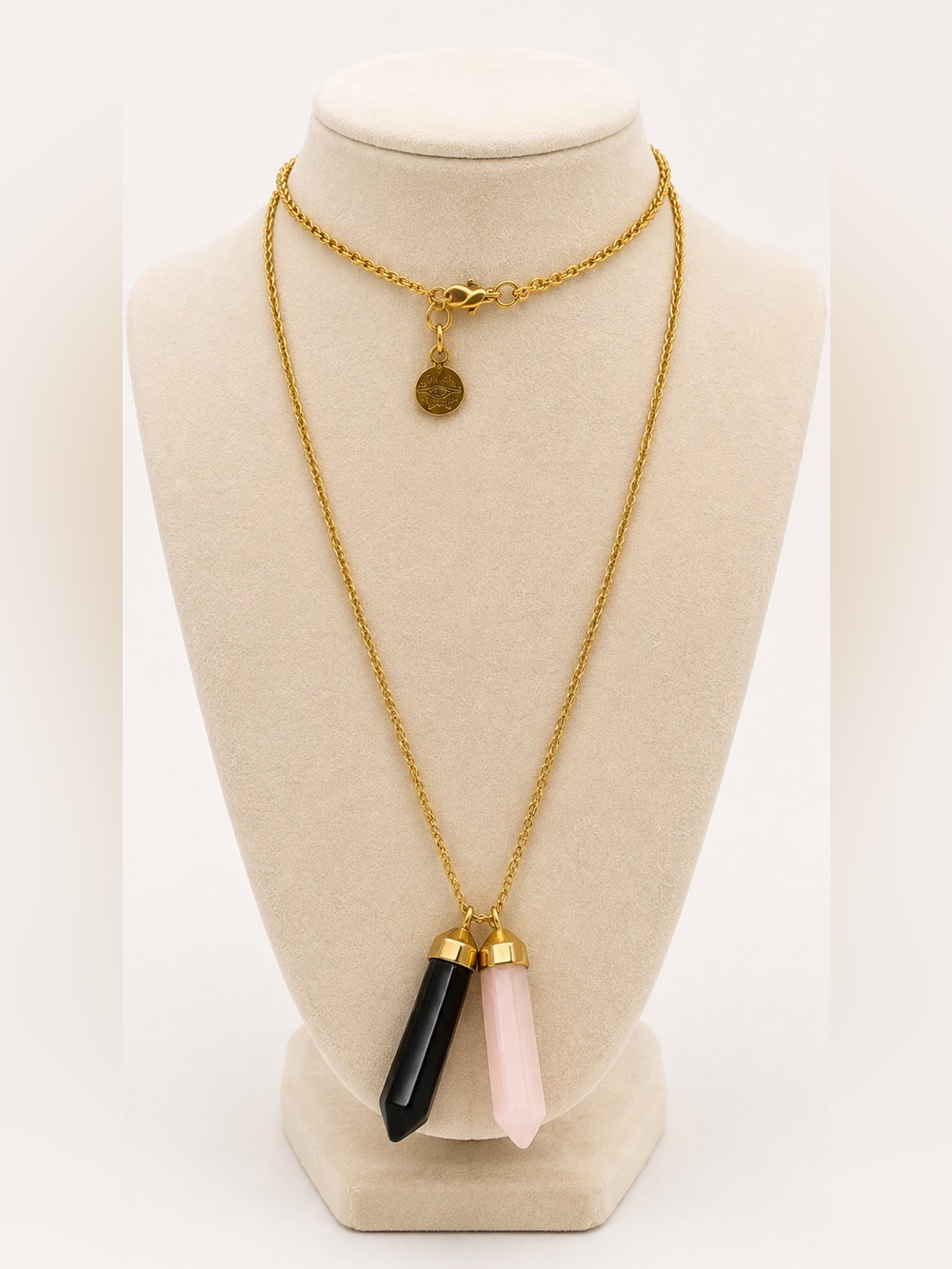 Massimo Dutti Gold-Tone Necklace with Black and Pink Crystal Points